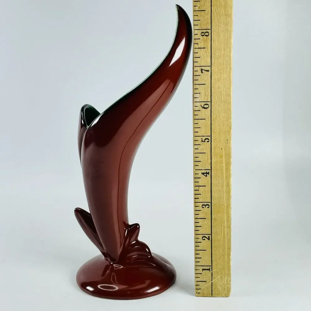 Vtg MCM Bird of Paradise Art Pottery Freeform Vase Brown Green 9
